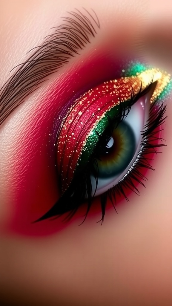 Close-up of festive Christmas eye makeup with red, green, and gold shades.